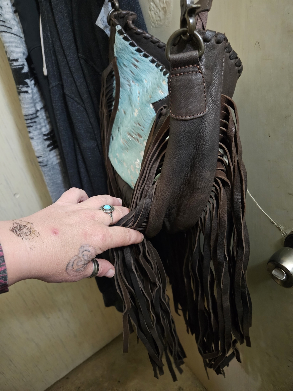 American Darling Aqua Hair On Hide and Brown Fringe Shoulder Bag - Picture 2 of 8